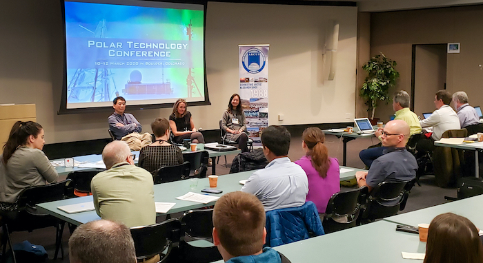 Figure 2. Panel discussion at the conclusion of the oral presentations for the Science Drivers theme at the 2020 Polar Technology Conference in Boulder, CO. Each of the six themes included a panel discussion hosted by the oral presenters from that theme. Photo provided by Zeb Polly, ARCUS.