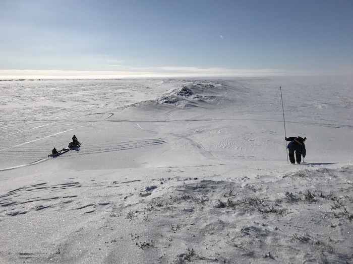 Figure 3. Conducting snow and near-surface geophysical surveys at a drained lake basin outlet. Photo courtesy of Benjamin M. Jones.