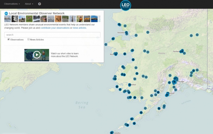 Locations of local environmental observations in Alaska provided by members of the LEO Network. Image courtesy of the Alaska Native Tribal Health Consortium.