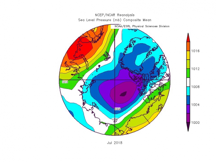 Figure 10. Sea level pressure (hPa) over the Arctic averaged for July 2018.