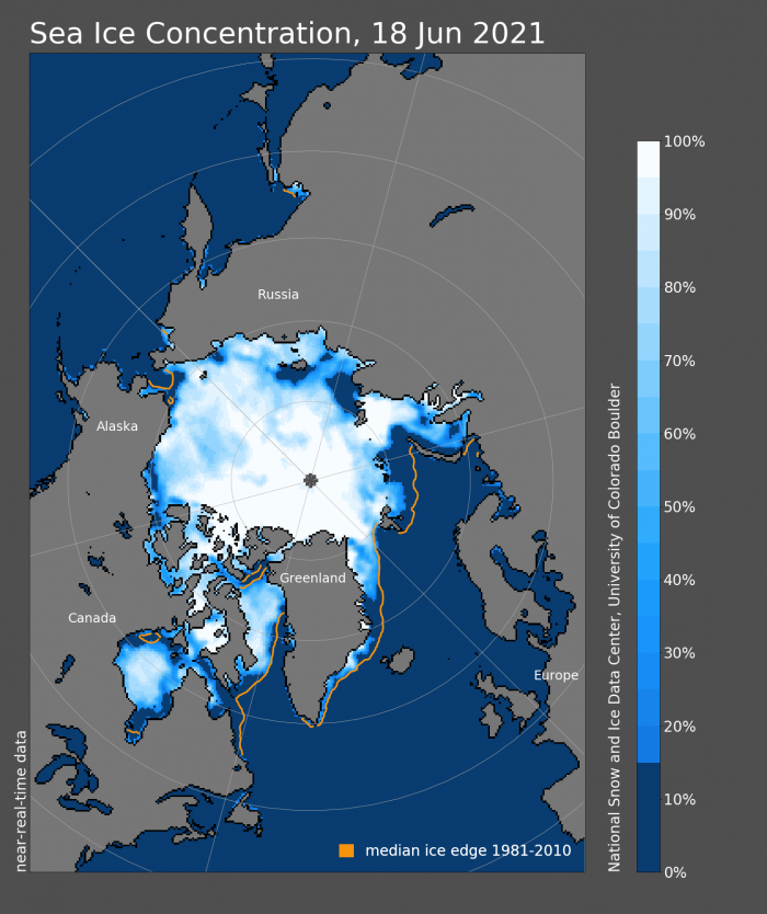 Figure 5. Sea-ice concentration for 18 June 2021. Yellow line outlines the median ice edge for 1981–2010. Figure courtesy of the National Snow and Ice Data Center, University of Colorado, Boulder.