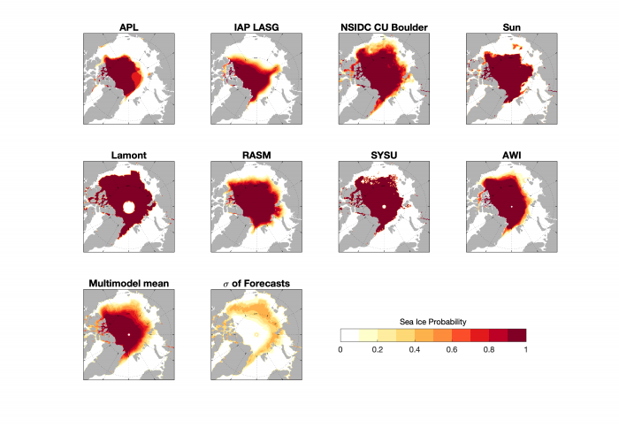 Figure 8. September SIP forecasts from eight models, together with the multi-model forecast, and the standard deviation across all eight models&#39; forecasts (bottom two panels). 