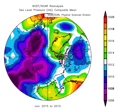 Figure 8. Sea level pressure for June 2015. From NCAR/NCEP Reanalysis.