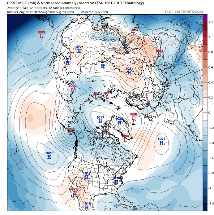 Figure 18. Forecast of September mean sea-level pressure from NOAA&#39;s CFSv2 model. Black contour lines show actual pressures; red and blue shading denotes above- and below-normal pressures, respectively. Plots courtesy of Tropical Tidbits. 