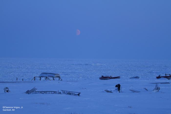 Moon set in Gambell, 07:45 17 April 2024. Photo courtesy of Clarence Irrigoo, Jr.