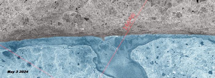 Satellite image of Shishmaref area open leads from 5 May 2024 contributed by Curtis Nayokpuk.