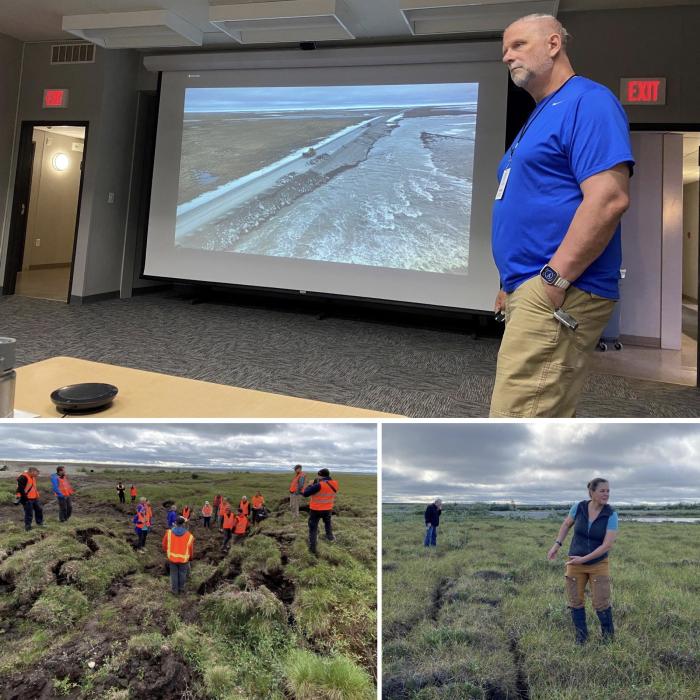 Figure 7. Top: Dalton District Superintendent William (Jeff) Russell of Alaska DOT&amp;amp;PF shows a video of the spring flooding event that washed out portions of the Dalton Highway near Deadhorse during a morning of presentations at the new Harry K. Brower Jr. Training Center in Deadhorse. Jeff and geotechnical engineer Matt Billings accompanied the group on the two-day drive from Deadhorse to Fairbanks. Photo courtesy of Jana Peirce. Bottom left: Symposium participants examine exposed permafrost during a stop a