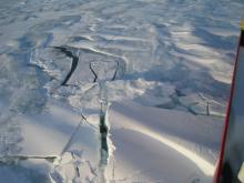 The Polar Sea cuts right though the thick sea ice. The blue color means it is multiyear ice (ice that has survived at least two summers). Aboard the USCGC Polar Sea icebreaker in the Beaufort Sea.