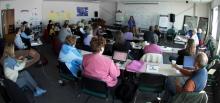 Scientists and educators gather in Barrow, Alaska to learn about Iñupiaq Values Framework from Director of Iñupiaq Education, Jana Harcharek, during Arctic Ocean science curriculum workshop.