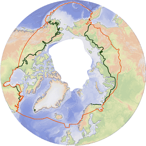 Boreal forest is found south of arctic treeline (dark green line).